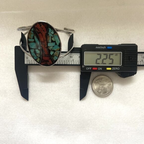 VTG Sterling Silver 925 Southwest Oval Crushed Turquoise Coral Cuff Bracelet - Picture 15 of 16